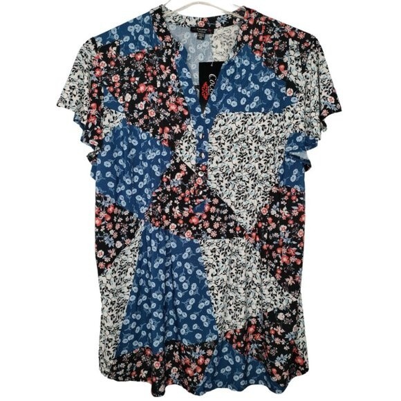 Cocomo Plus Size 2X Blue Multicolor Floral Print Pintuck Flutter Sleeve Top - Picture 1 of 6